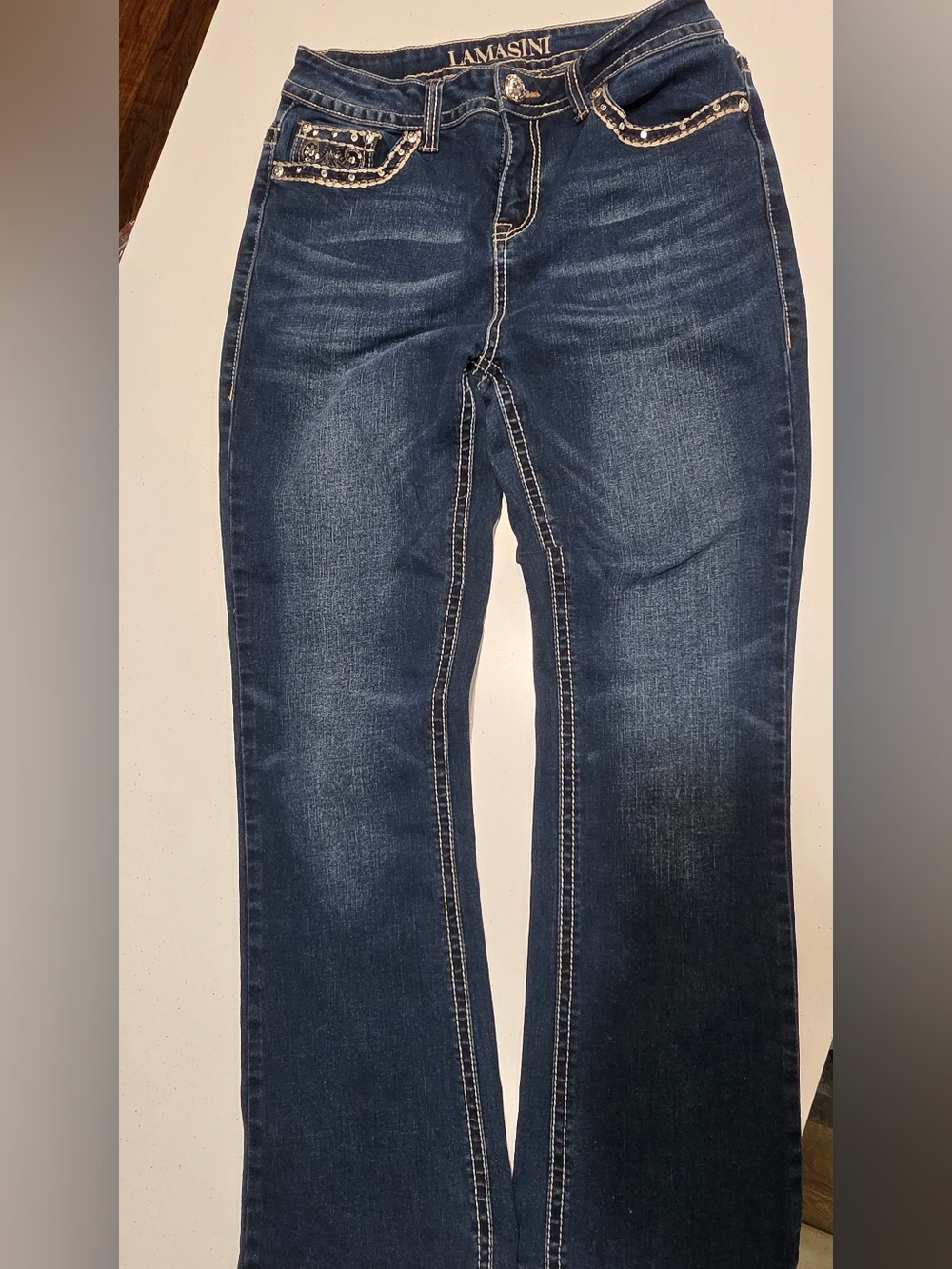 Lamasini Embellished Bootcut Jeans in Dark Blue Color Size 11